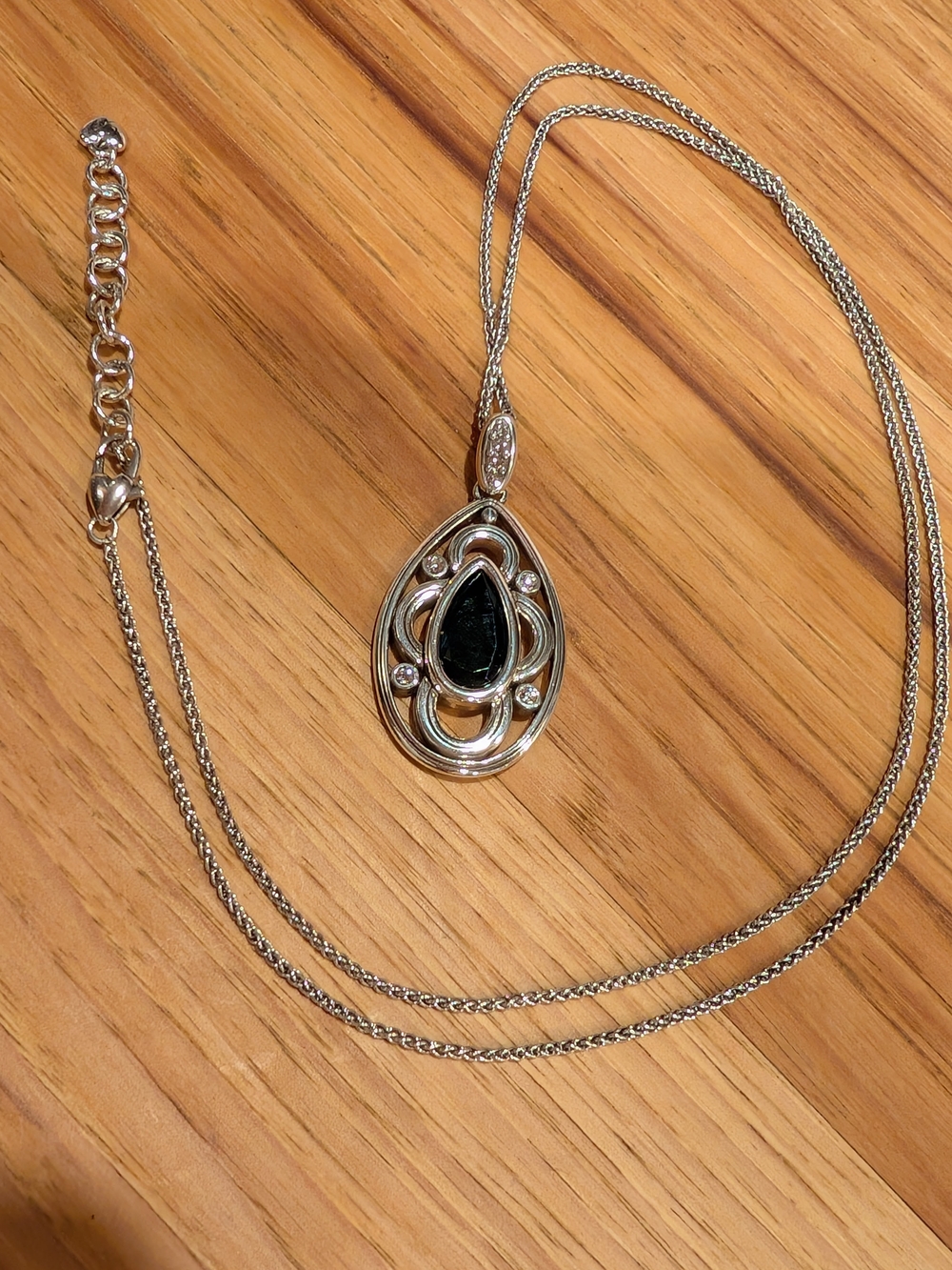 Sterling Silver Teardrop Pendant Necklace with Deep Blue Stone